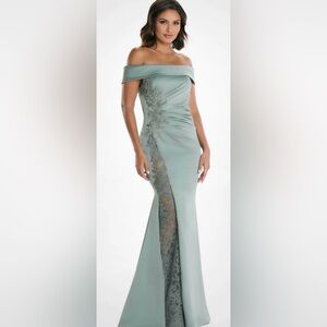 Elegant Sage Lace-Trim Evening Dress Montage M535 - Size 10